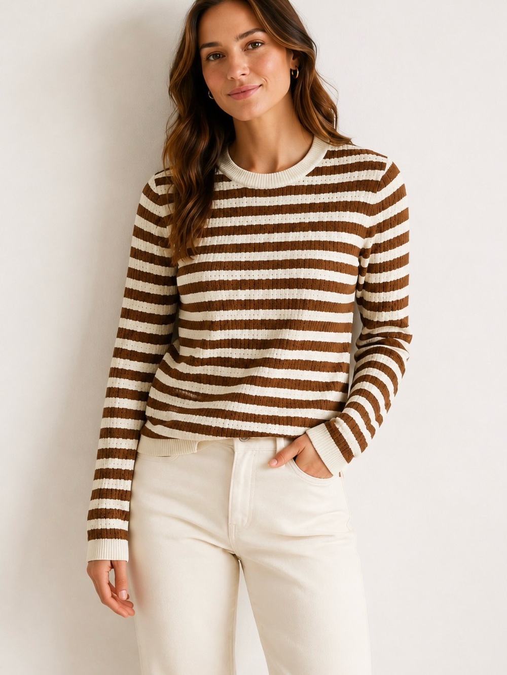 EVEREVE Cream & Camel Striped Textured Open Knit Sweater